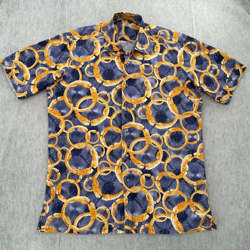 VINTAGE Maus & Hoffman Shirt Adult Medium Yellow Blue Button Up All Over Print M